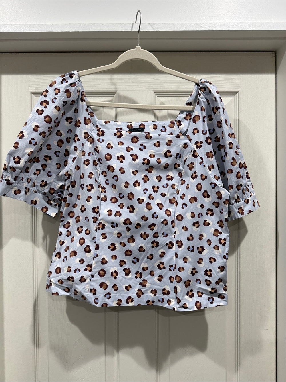 Ann Taylor Square-Neck Puff Sleeve Leopard Print Top